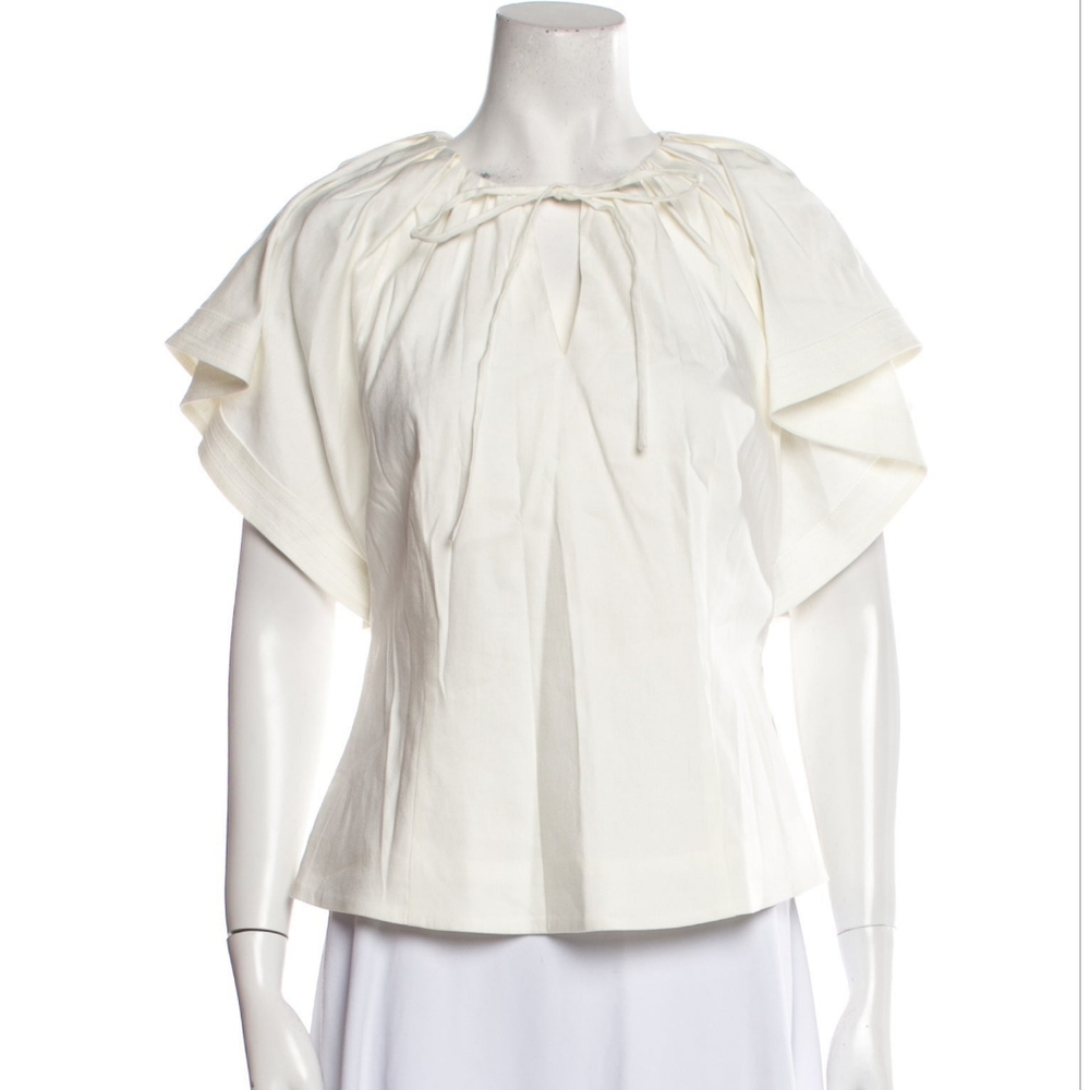 JOHNATHAN SIMKHAI Crew Neck Flutter Sleeve Bow Detail Neutral Linen Blend Blouse